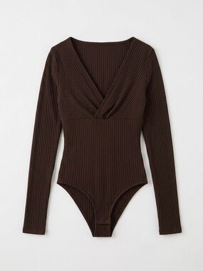 Ribbed Long Sleeve V-Neck Bodysuit in Dark Brown